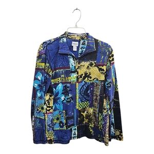 Vintage Rare Chico’s Patchwork Zip Up Jacket Top Asian Art Crinkle Y2K Size 1